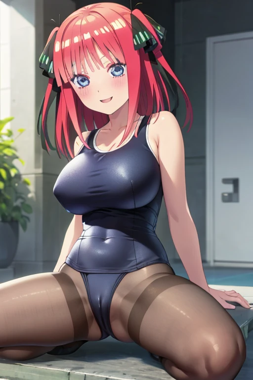 best quality, ultra-detailed masterpiece, anime art style, cute character, nino nakano, large , blush, smile, one-piece swimsuit, pantyhoussy focus, legs