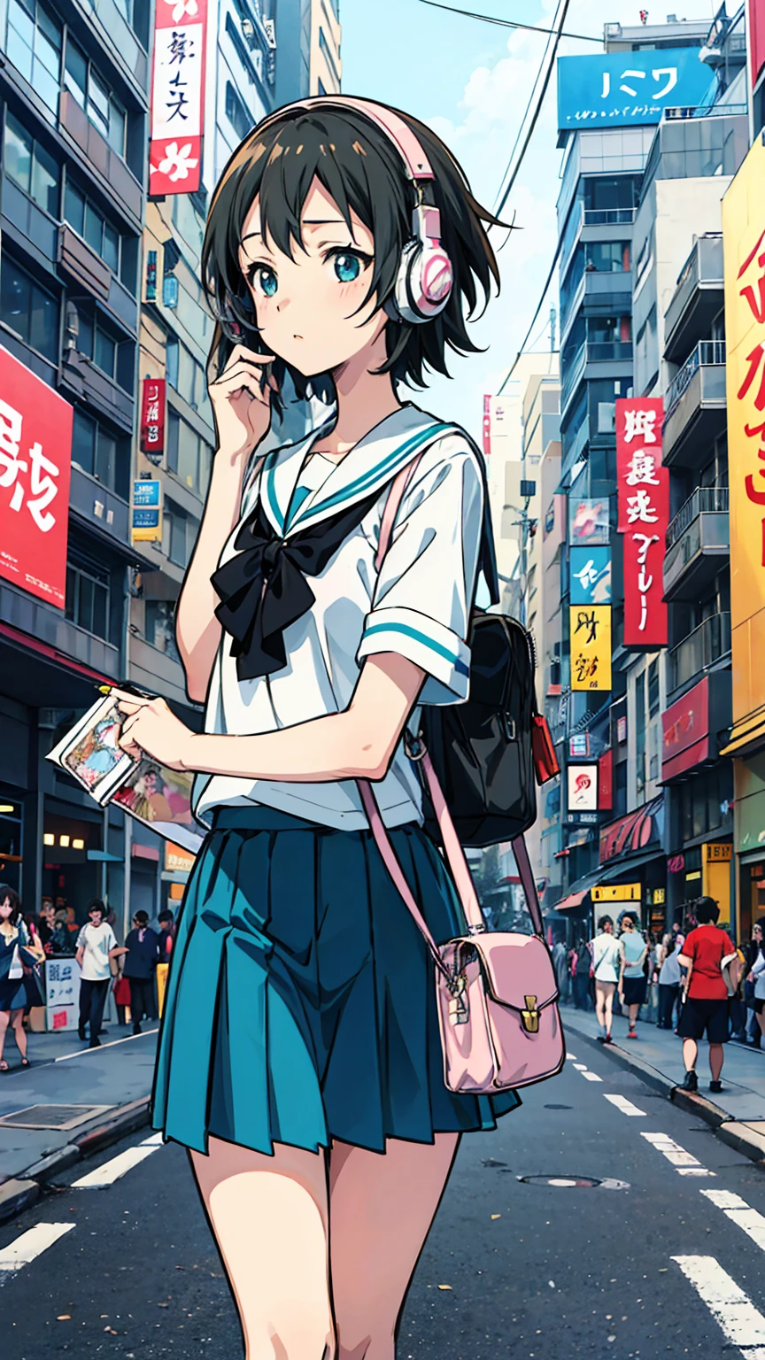 Anime Girls with headphones walking down the street in a , Beautiful mature high school girl, Beautiful girl anime visuals, Kantai Collection Style,Manga illustration, Anime Girls, Illustrated , In the style of Makoto Shinkai, Hand-drawn anime illustrations, young Anime Girls, Shibuya Ward Building District、Blurred Background, Pencil Art、City Pop、Cowboy Shot、Nostalgia、manga cover