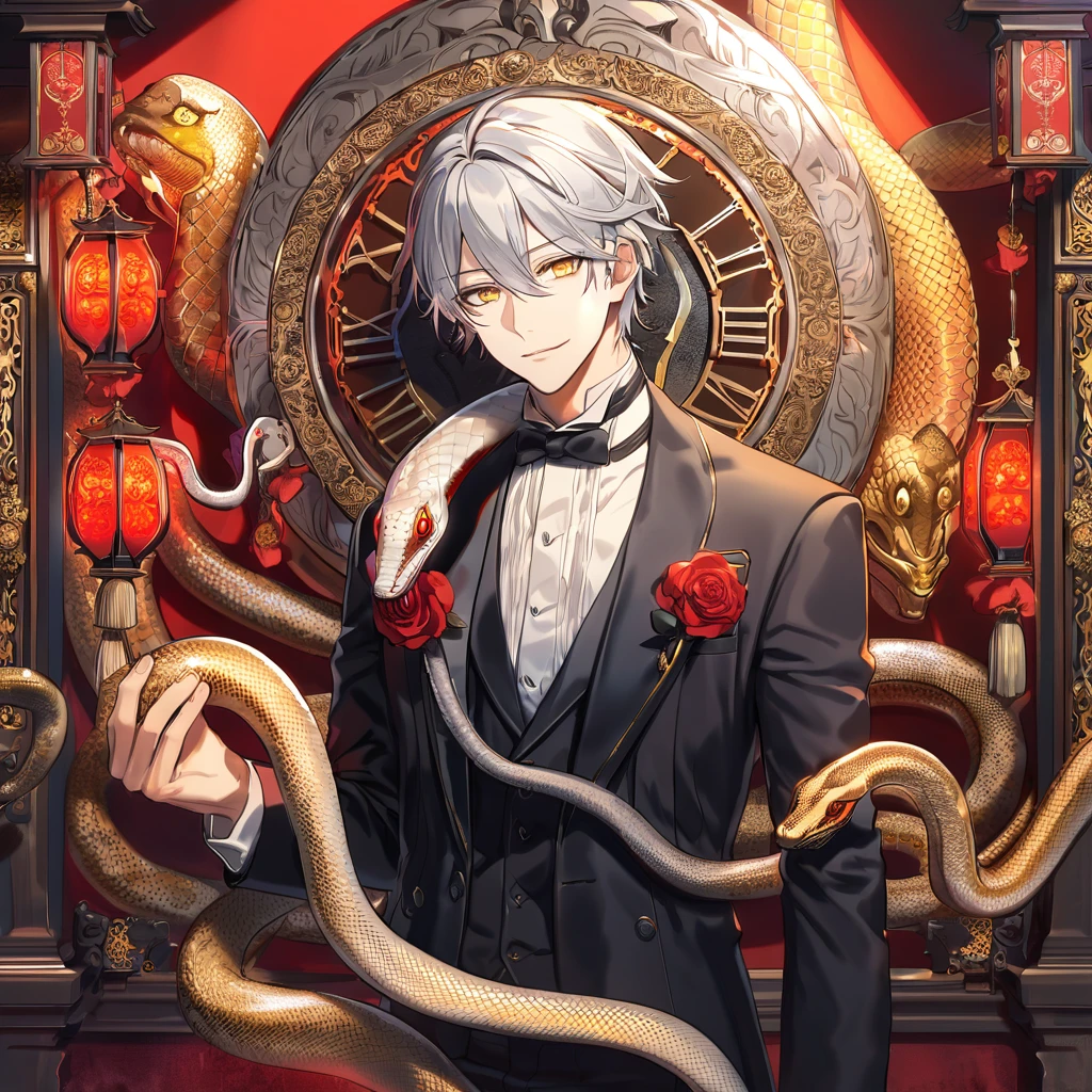 absurdres, highres, ultra detailed, HDR, master piece, best quality, Snake, silver hair, hair between the eyes, expressive yellow eyes, Kuroshitsuji, solo, man, handsome, butler clothes, red roses, red petals, red lanterns, clock