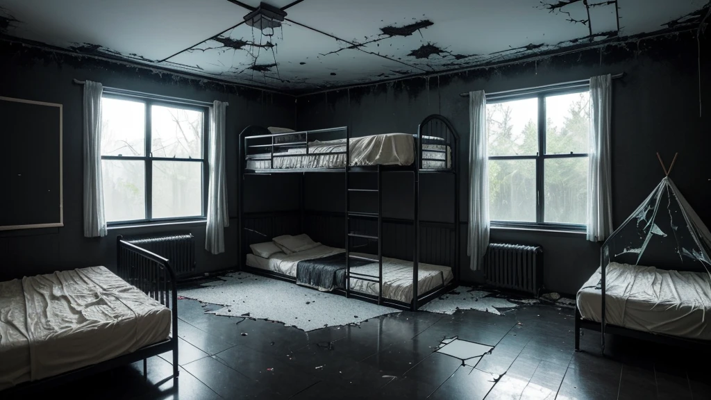Visualize a creepy scenery inside a creepy bedroom (Dark, black, grey, humid, moss, broken floor, glass flakes, 8 bunk beds, cracked wall, broken windows, cracked glass)