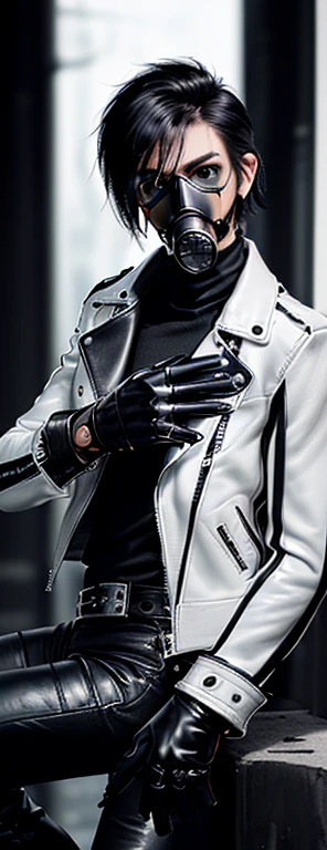 Final Fantasy-style graphics, young, Cute and cool Japanese boys, Thin eyebrows and big eyes,  He is wearing a shiny white single-breasted leather jacket.......。Biker style leather jacket、 with epaulettes,  The jacket is zipped up, The jacket pockets are black., The jacket has a high stand-up collar with a belt, Also wearing a black turtleneck, Black Leather Pants, Thin black leather gloves on both hands, Black leather knee-high lace-up boots, Show me your ((whole body)) from head to toe, Final Fantasy Style、((good looking))、((Age: 20 years old))、((good looking))、((Clear eyes and nose))、((Shiny white single leather jacket))、((The jacket must be white color.))、((The jacket has epaulettes))、((Jacket has a high stand-up collar and belt))、((The jacket has a black pocket))、((Black turtleneck shirt))、((Black Leather Pants))、((Always wear shiny black leather gloves on both hands))、((Cover all fingers on both hands with gloves))、((Black lace-up leather long boots))、((View full-body images from a distance))、Realistic image quality and texture、In a small cell、close your eyes、A kind smile、((The front of the jacket is closed with a zipper))、((No skin below the neck))、((round face)、((Short Hairstyleedium build))、((Upright posture))、((don't sit))、((he covered mouth with gasmask))