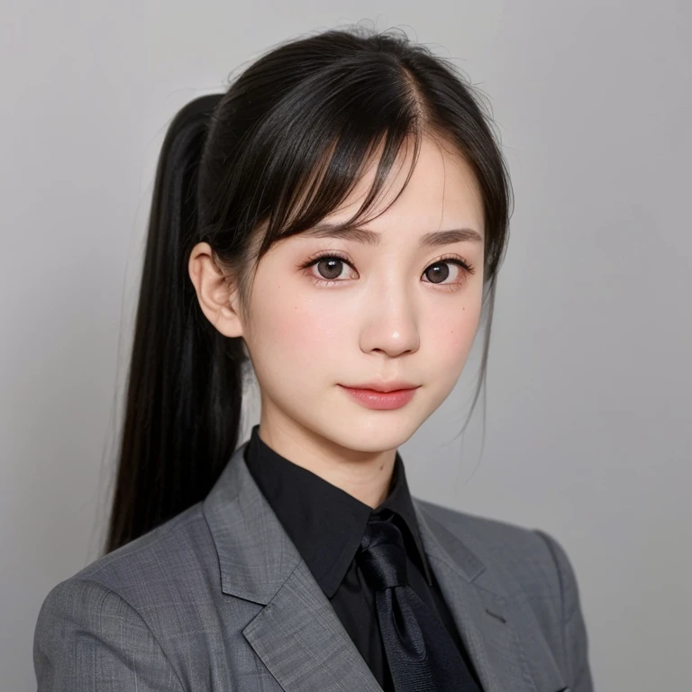 (kawaii 24 year-old Japanese girl, Nogizaka idol, Korean idol), (glossy black hair, high ponytail, bangs:1.3), (ponytail must be down behind the neck:1.5), (deep black eyes, rounded face, single eyelid, no makeup, soft smiling:1.2), (wearing dark blue suit jacket,  collared shirt, necktie:1.3), (extra small breasts:0.9), (facing straight at camera:1.2), BREAK, (simple grey background, yearbook background:1.3), (id photo, bust shot, view from straight forward:1.3), BREAK, (masterpiece, best quality, photo realistic, official art:1.4), (UHD, 8K quality wallpaper, high resolution, raw photo, golden ratio:1.3), (shiny skin), professional lighting, physically based rendering, award winning, (highly detailed skin, extremely detailed face and eyes), Carl Zeiss 85 mm F/1.4, depth of field, 1girl, solo,