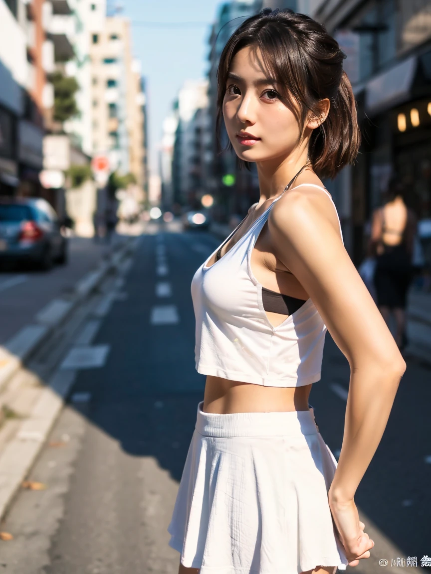 1 girl, street, Asian, short wavy blonde hair, bangs, white transparent tank top, leggings black, size 3c breasts