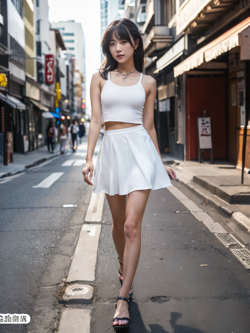 ( (In 8K:1.27)、highest quality、masterpiece、超A high resolution:1.2) Beautiful Japanese Women Photos、Whole body 1.4,(Beautiful poop:1.1)、Dramatic Light、White tank top、mini skirt、Naaaarawa、Street in the city