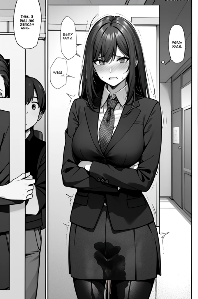 A woman with long black hair, wearing a business outfit consisting of a suit, pencil skirt, and pantyhose, stands in a monochrome setting. The artwork is inspired by manga and incorporates a doujin style. The woman appears to be (wetting herself:1.5), which causes her to feel embarrassed and humiliated, resulting in a blush on her face. In addition, there is an air of anger in her expression. The lighting in the scene is moody, with a spotlight highlighting the woman's figure. She is crossing her arms, (arms crossed:1.5), fully showcasing her skirt., medium breasts