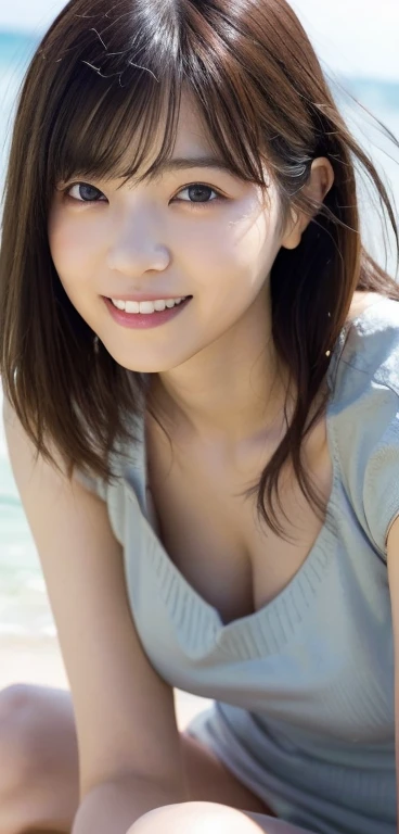 (8k、highest quality、masterpiece:1.2)、(Realistic、Realistic:1.37)、Ultra-detailed、1 girl、23 years old、Big Breasts、Beauty、Beautiful and perfect face、Natural smile、solo、Beach、Beautiful legs、(Nose redness)、(Laughter:1.15)、(Shut your mouth.) 、Beautiful Eyes、(length:1.2)、Floating Hair Nova Frog Style、Head to knee photo、Knitted dress、