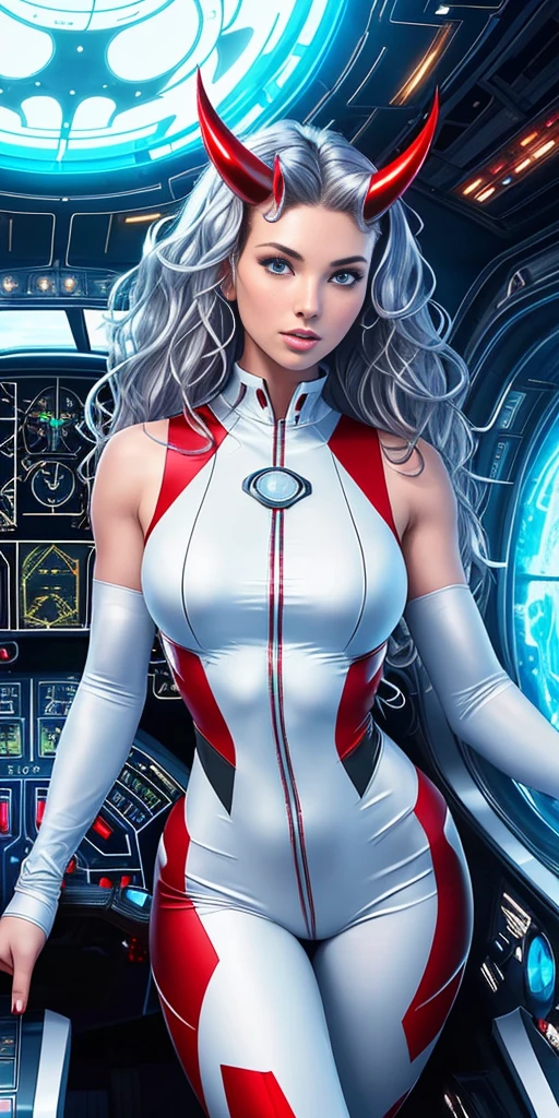 woman in her 20s (perfect face), defined jawline, beautiful lips (beautiful bright blue eyes) (long wavy bouncy silver hair) (RED skin:1.3) (perfect anatomy) (athletic body) (sexy) (perfect hands) (oni horns) (white futuristic sleeveless body suit, RED accents), (looking at viewer), (medium shot photograph), (spaceship cockpit background) photorealistic