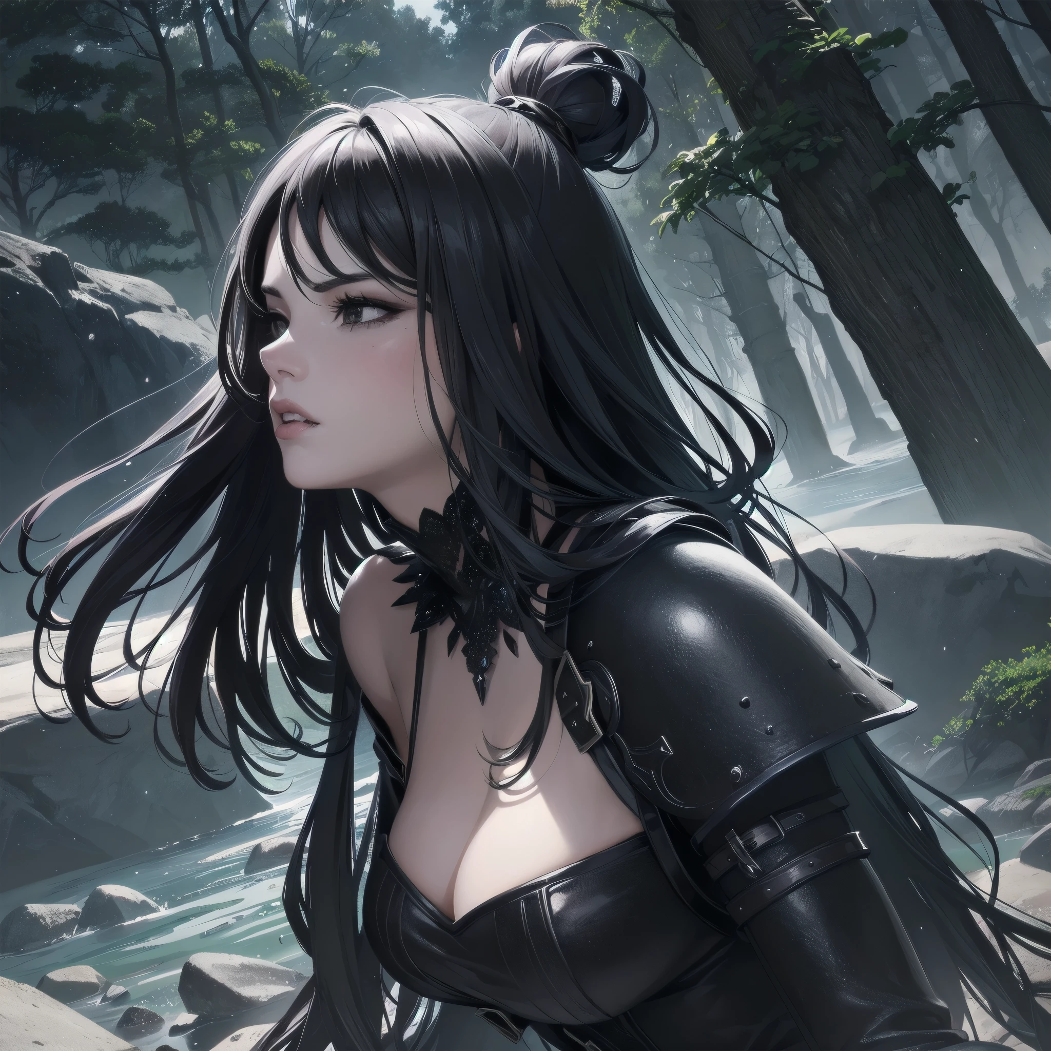 (Fantasy art highly detailed digital painting), ((1girl)), ((solo)), Close up of a breathtaking beautiful adult woman, (seductive woman), treacherous woman, deep black straight hair, loose hair, ((Black eyes)), black leather armor, metal armor parts, angry expression, ((lip bite)), showing teeth, fleshy lips. (Vivid and stunning scenery) Deep forest, stones, river in background, sun, strong light, dynamic light, light particles, light rays, trees. High details, ultra detailed face, ultra detailed eyes, high contrast colors, perfect composition ratio, masterpiece, best quality, 4K.