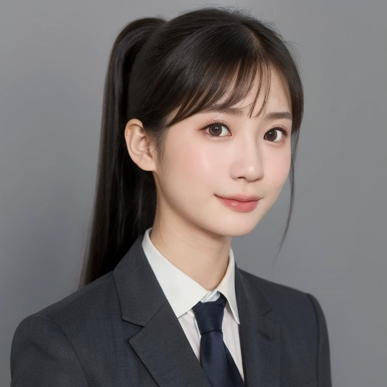 (kawaii 24 year-old Japanese girl, Nogizaka idol, Korean idol), (glossy black hair, high ponytail, bangs:1.3), (ponytail must be down behind the neck:1.5), (deep black eyes, rounded face, single eyelid, no makeup, soft smiling:1.2), (wearing dark blue suit jacket, collared shirt, necktie:1.3), (extra small breasts:0.9), (facing straight at camera:1.2), BREAK, (simple grey background, yearbook background:1.3), (id photo, bust shot, view from straight forward:1.3), BREAK, (masterpiece, best quality, photo realistic, official art:1.4), (UHD, 8K quality wallpaper, high resolution, raw photo, golden ratio:1.3), (shiny skin), professional lighting, physically based rendering, award winning, (highly detailed skin, extremely detailed face and eyes), Carl Zeiss 85 mm F/1.4, depth of field, 1girl, solo,