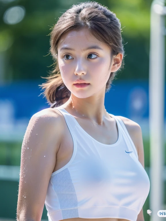 Highly detailed CG Unity 8K wallpaper, with the best quality, Super detailed, master piece, realistic, realistic写真, Highly detailed cute girl, 25 years old, (tennis wear), weaty)), (((sweaty skin))), blush , round eyes, super large breasted, viewers watching, cowboy shot , Tennis court , cleavage ,