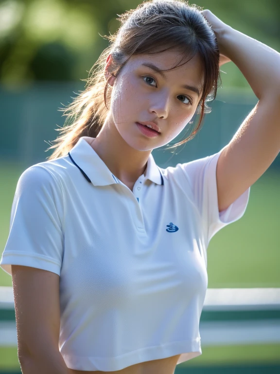 absurd, masterpiece, best quality, realistic, hyper-detailed, (shiny skin, sweaty:1.4), looking at viewer, slender, 1girl, solo, tennis wear, white polo shirt, white sneakers, white miniskirt, small breasts, (thick thighs:0.4), dynamic lighting, high resolution, sharp focus, depth of field, ponytail, black hair, blue eyes、Large Breasts、