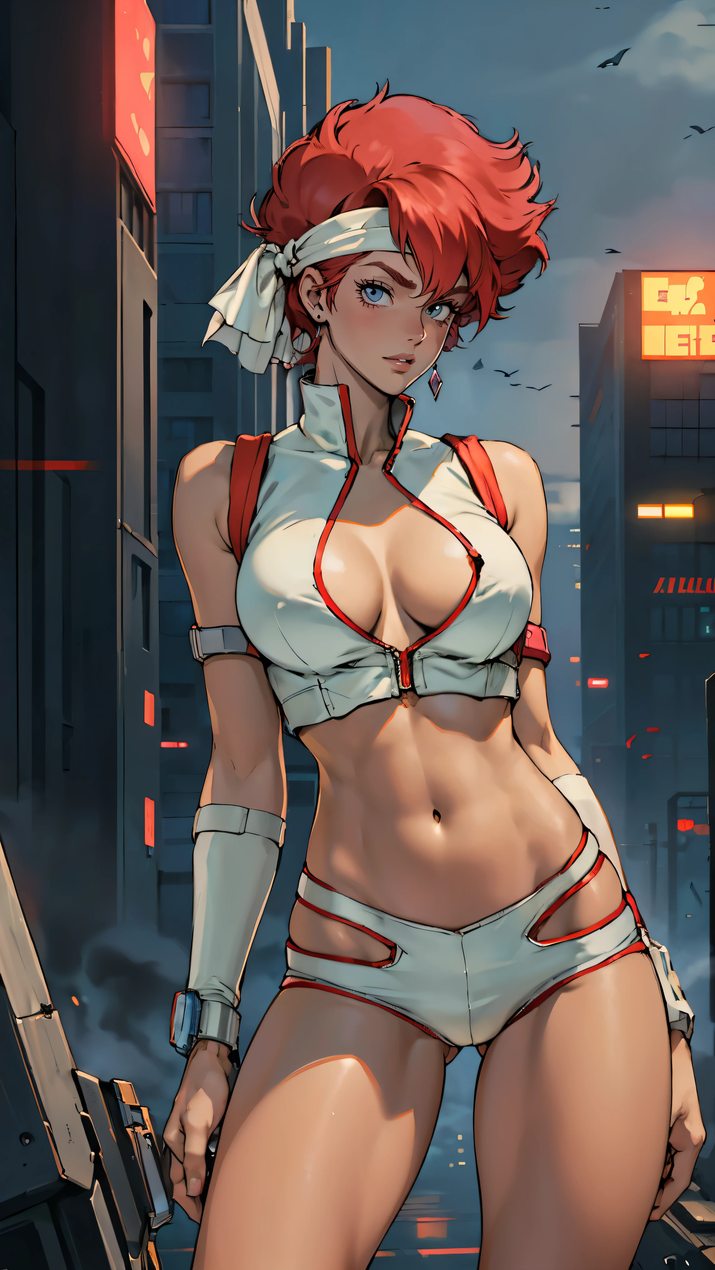 ((Masterpiece, highest quality; 1.3)), super quality, beautiful detail, super detailed, extra fine, 16K, exquisite, absurd, high resolution, beautiful background, detailed background, beautiful eyes, beautiful skin, anime style, Kay from Dirty Pair in a white outfit, tight outfit, cleavage, bushy redhead beauty, very light blue uniform, wearing tight clothes, skimpy, (mid chest: 1.2), cleavage, cleavage, slim waist , thin waist, slim thighs, thin legs, slim legs. thigh gap, showing stomach, skinny, thin hips, cyberpunk city background, retro space gun holding, headband,