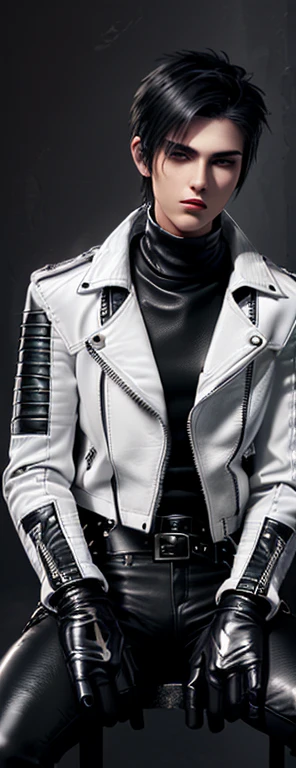 Final Fantasy-style graphics, young, Cute and cool Japanese boys, Thin eyebrows and big eyes,  He is wearing a shiny white single-breasted leather jacket.......。Biker style leather jacket、 with epaulettes,  The jacket is zipped up, The jacket pockets are black., The jacket has a high stand-up collar with a belt, Also wearing a black turtleneck, Black Leather Pants, Thin black leather gloves on both hands, Black leather knee-high lace-up boots, Show me your ((whole body)) from head to toe, Final Fantasy Style、((good looking))、((Age: 20 years old))、((good looking))、((Clear eyes and nose))、((Shiny white single leather jacket))、((The jacket must be white color.))、((The jacket has epaulettes))、((Jacket has a high stand-up collar and belt))、((The jacket has a black pocket))、((Black turtleneck shirt))、((Black Leather Pants))、((Always wear shiny black leather gloves on both hands))、((Cover all fingers on both hands with gloves))、((Black lace-up leather long boots))、((View full-body images from a distance))、Realistic image quality and texture、In a small cell、close your eyes、A kind smile、((The front of the jacket is closed with a zipper))、((No skin below the neck))、((round face)、((Short Hairstyleedium build))、((Upright posture))、((don't sit))、((he covered mouth area with duct tape))