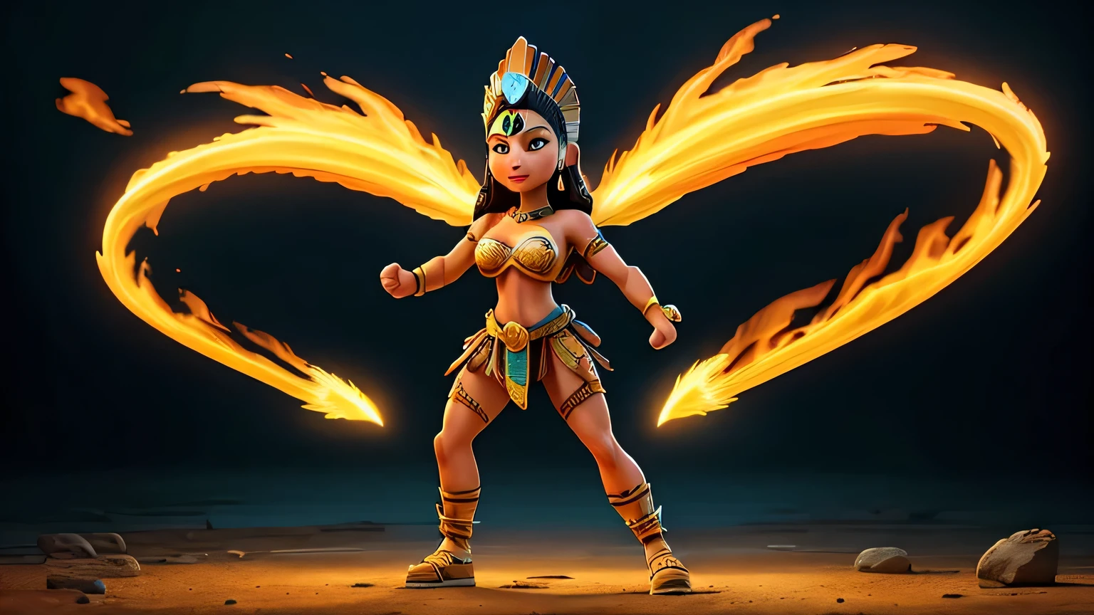A dynamic scene is captured in this full body image of a Mayan warrior woman. She stands tall and proud, her slim figure defined by her defined muscles. Wild yellow lightning crackles around her, adding an electrifying energy to the already intense atmosphere.