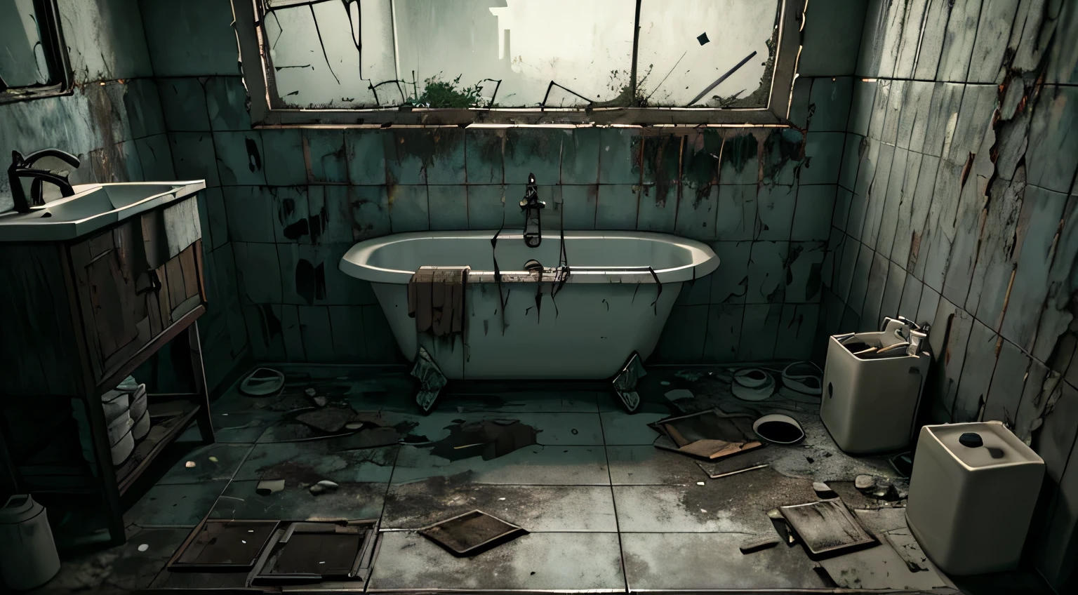 best quality,4k,highres,masterpiece:1.2,realistic,dark and dirty bathroom,worn out tiles,dusty atmosphere,grimy sink,shadows and dim lighting,creepy vibe,decaying walls,disarrayed items,smudged mirror,blurry reflection,abandoned feeling,flickering lightbulb,unpleasant odor,claustrophobic space,desolate ambiance,isolated figure,wary expression,disheveled appearance,aging faucet and fixtures,stained porcelain,loneliness,urban decay,haunting presence,low-key lighting,ominous atmosphere,peeling paint,run-down space,gritty textures,dampness,decay and neglect,grungy aesthetic,atmospheric lighting,foreboding feeling,uncanny vibes,desperation,broken tiles and fixtures,echoing silence,unwelcoming environment