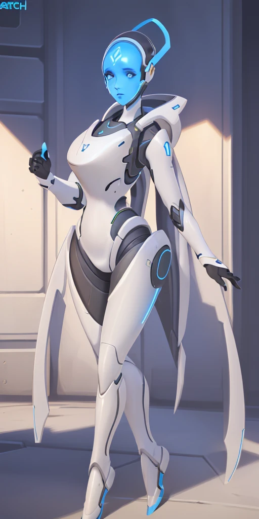 (echo from overwatch) a woman in a blue outfit is posing for a picture, Extremely detailed artgerm, thicc, cutesexyrobutts, pale blue armor, bikini armor female knight, armor girl, thick armor, skintight silver armor, style artgerm, covered in full silver armor, thick smooth warframe thighs