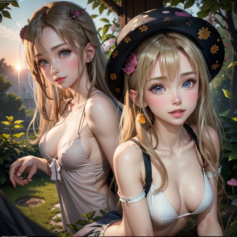(masterpiece, best quality:1.4), (8K), Young blonde beauty, (((2 girls in love, 18 years old, neat girl))), detailed blue eyes, long eyelashes, blush, kind smile, horny, upper body, topless, small ass, slender thin legs, vagina, (looking at viewer), beautiful short blonde hair, white-skinned, straight bangs, pigtails, squeezing, on top of each other, orgasm, (small breasts), (mushroom forest, celestial forest, beautiful and magnificent pink sunshine, majestic sky), natural light)