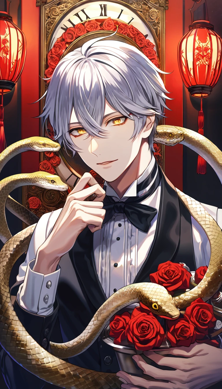 absurdres, highres, ultra detailed, HDR, master piece, best quality, Snake, silver hair, hair between the eyes, expressive yellow eyes, Kuroshitsuji, solo, sexy man, handsome, butler clothes, red roses, red petals, red lanterns, clock