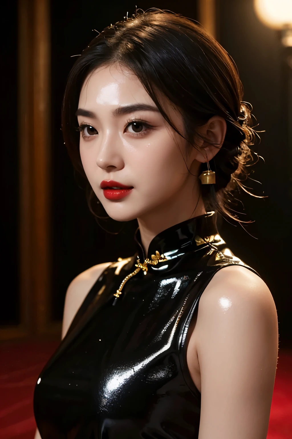 1 Girl,shrub,girl girl, Black cheongsam dress, Blunt, (masterpiece:1.4), (best quality:1.4), (Oily and shiny skin), Red lips, Looking at the audience, Large Breasts, Cleft lip, Upper Body,