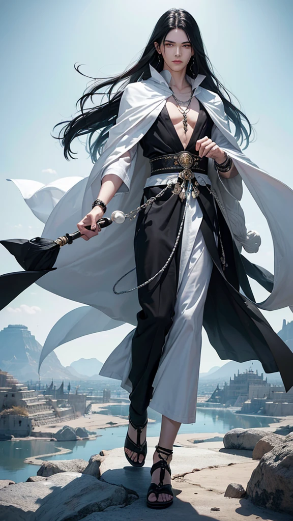 man, male, effeminate face, sorcerer, teacher, long smooth black hair, large black eyes, very light pale skin, silver eyes,
Japanese , oriental, desert, marble castle, detailed face, detailed eyes, detailed hair, greenery, water magic,
full body, desert greenery, desert plant, wind, magic wand, Arab city.