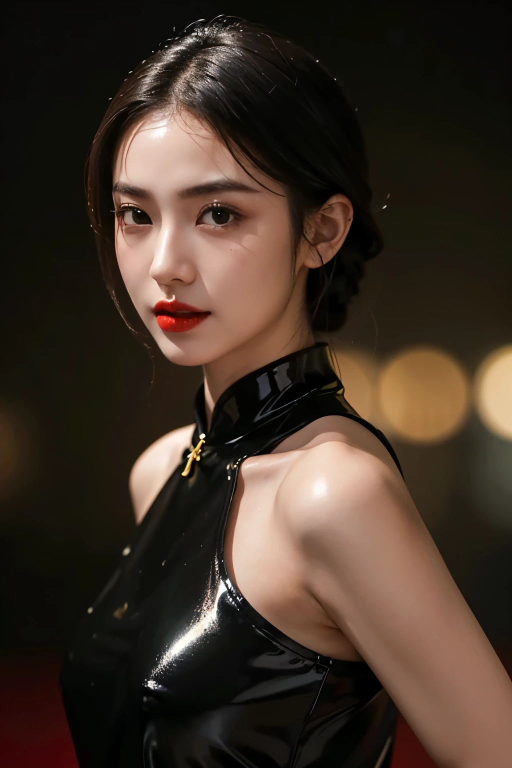 1 Girl,shrub,girl girl, Black cheongsam dress, Blunt, (masterpiece:1.4), (best quality:1.4), (Oily and shiny skin), Red lips, Looking at the audience, Large Breasts, Cleft lip, Upper Body,