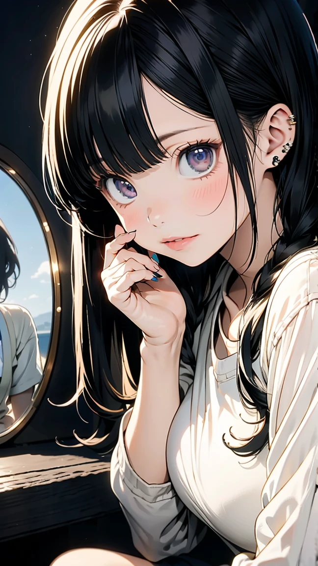 ((highest quality)), ((masterpiece)),High resolution (High Dynamic Range),Ray tracing, Super Resolution, (((anime screencap, black outline, Written boundary depth , written soft outline))), blur, bokeh, Maximum clarity and sharpness,Multilayer Texture,surface shading,Accurate simulation of light-matter interactions,Perfect Proportions,Two-tone lighting, White balance,8K, limit only one woman, BREAK beautiful hair, Beautiful Face, Beautiful and beautiful eyes, Beautiful body, Beautiful breasts, Beautiful thighs, Beautiful feet, Beautiful fingers, (Beautiful views) , breast enlarged, large breast, perky tits, (blush, 20 years, seductive adult woman , anime gyaru , Narrow eyes) , streaked hair, hair intakes, colored inner hair, BREAK (light green,white,light pink, spring-color-outfit:1.3), nail art  BREAK (((portrait, close up, cowboy shot, looking at viewer, \(face waiting for kiss\):1.3))), BREAK (sitting, a girl Applying Lipstick In front of vanity table Mirror:1.3, natural make),BREAK flowers artwork, fashion magazine 