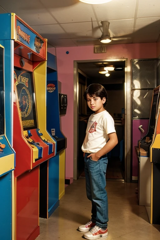 boy in an arcade machine room in the 80s