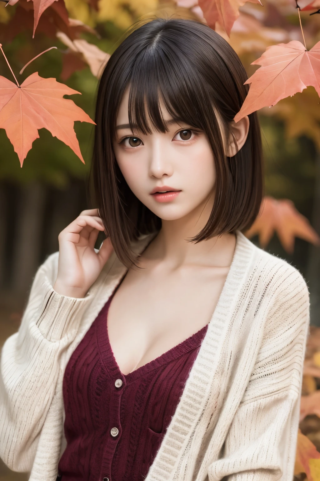 masterpiece, highest quality, One girl, (a beauty girl, Delicate girl:1.3), (:1.3), Very fine grain definition, (Symmetrical eyes:1.3), (autumn leaves:1.2), (girly fashion, knit cardigan:1.3), Small breasts, Brown eyes, Parted bangs, Brown Hair,  girl, (Eyes and facial details:1.0), (Get closer to the face, Zoom in on face, Face Focus:0.1)