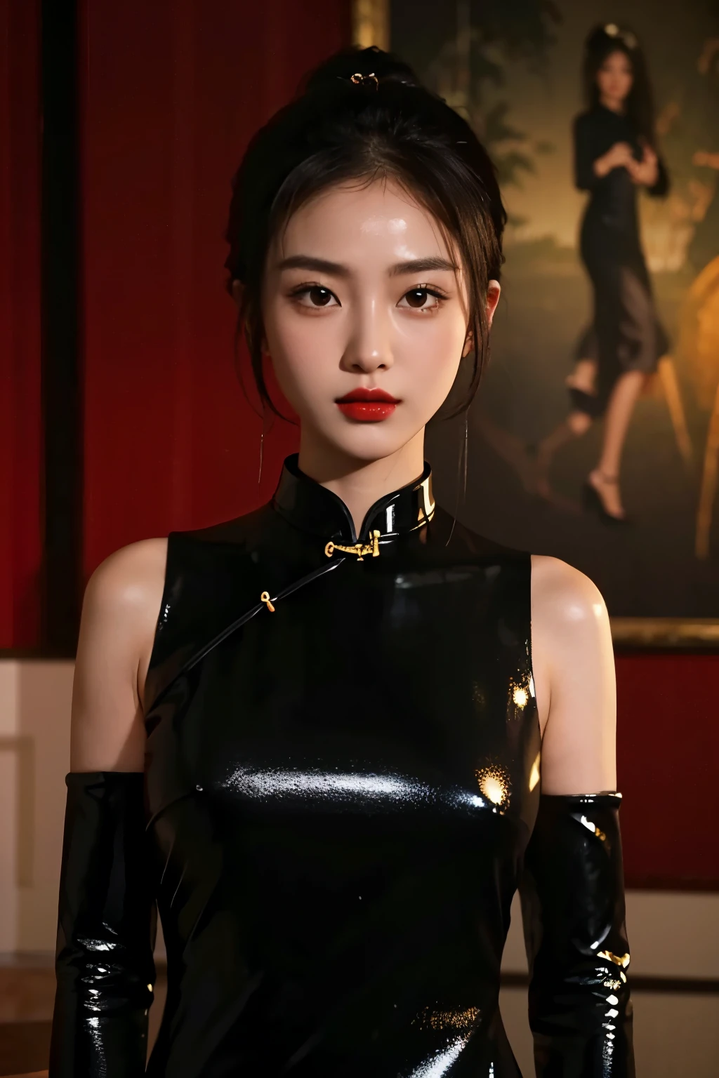 1 Girl,shrub,girl girl, Black cheongsam dress, Blunt, (masterpiece:1.4), (best quality:1.4), (Oily and shiny skin), Red lips, Looking at the audience, Large Breasts, Cleft lip, Upper Body,