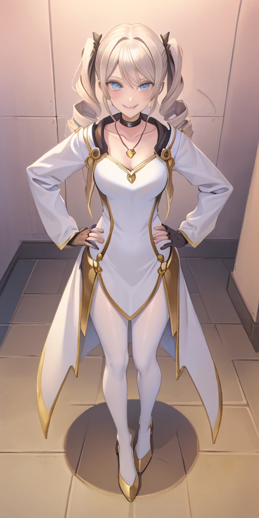 1solo Milf full body standing straight symmetrical, looking at viewer, hands on hips, twin drills twintails, striped pantyhose, golden handcuffs on their hands with a black leather collar around the golden heart necklace, hands on hips, lustful smirking smile face red blushed