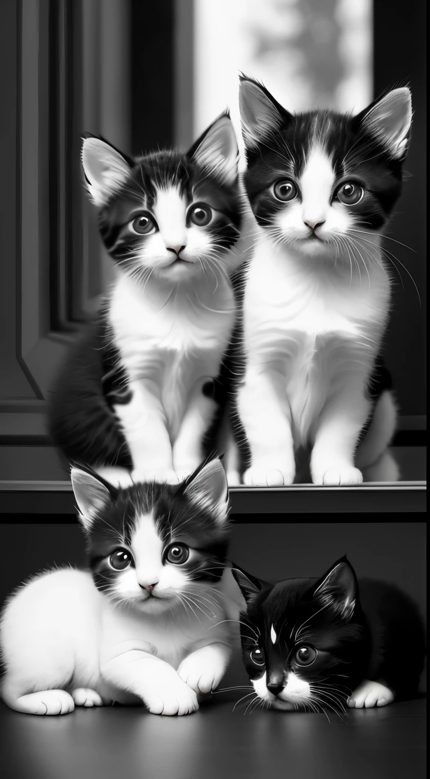 Black and White Photography,4 kittens,Two big and two small,active,cute,(RAW photos,Best quality),(reality,照片reality感:1.3),masterpiece,Extremely exquisite and beautiful,high resolution,Original,Perfect lighting,(Extremely detailed CG:1.2),Unite,2k wallpaper,Amazing,Fine details
