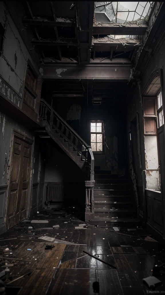 Visualize a creepy scenery inside a main hall of an abandoned rotten mansion. (Dark, black, grey, broken floor, cracked wall, twin stair, broken roof)