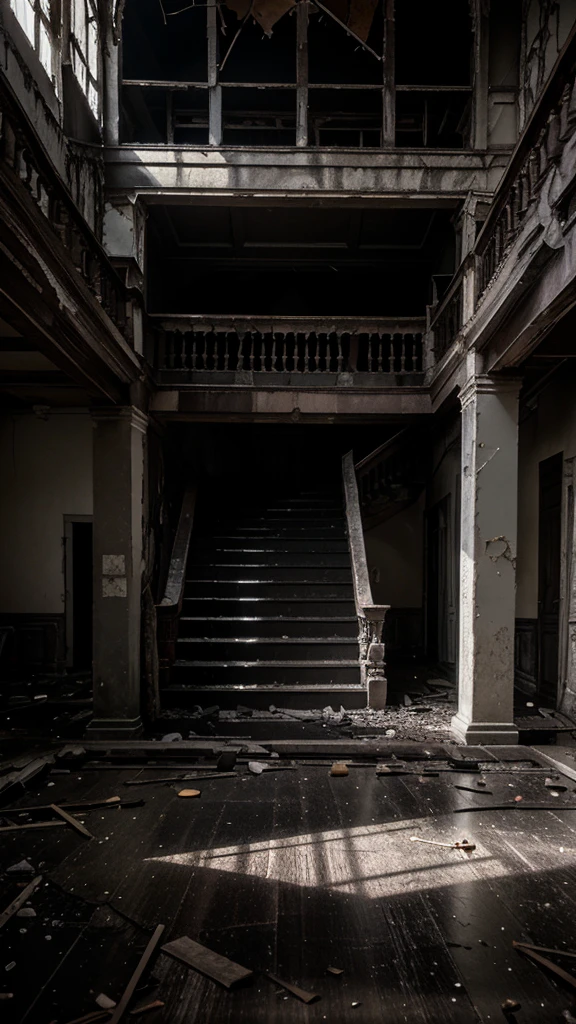 Visualize a creepy scenery inside a main hall of an abandoned rotten mansion. (Dark, black, grey, broken floor, cracked wall, twin stair, broken roof)