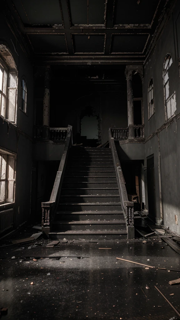 Visualize a creepy scenery inside a main hall of an abandoned rotten mansion. (Dark, black, grey, broken floor, cracked wall, twin stair, broken roof)
