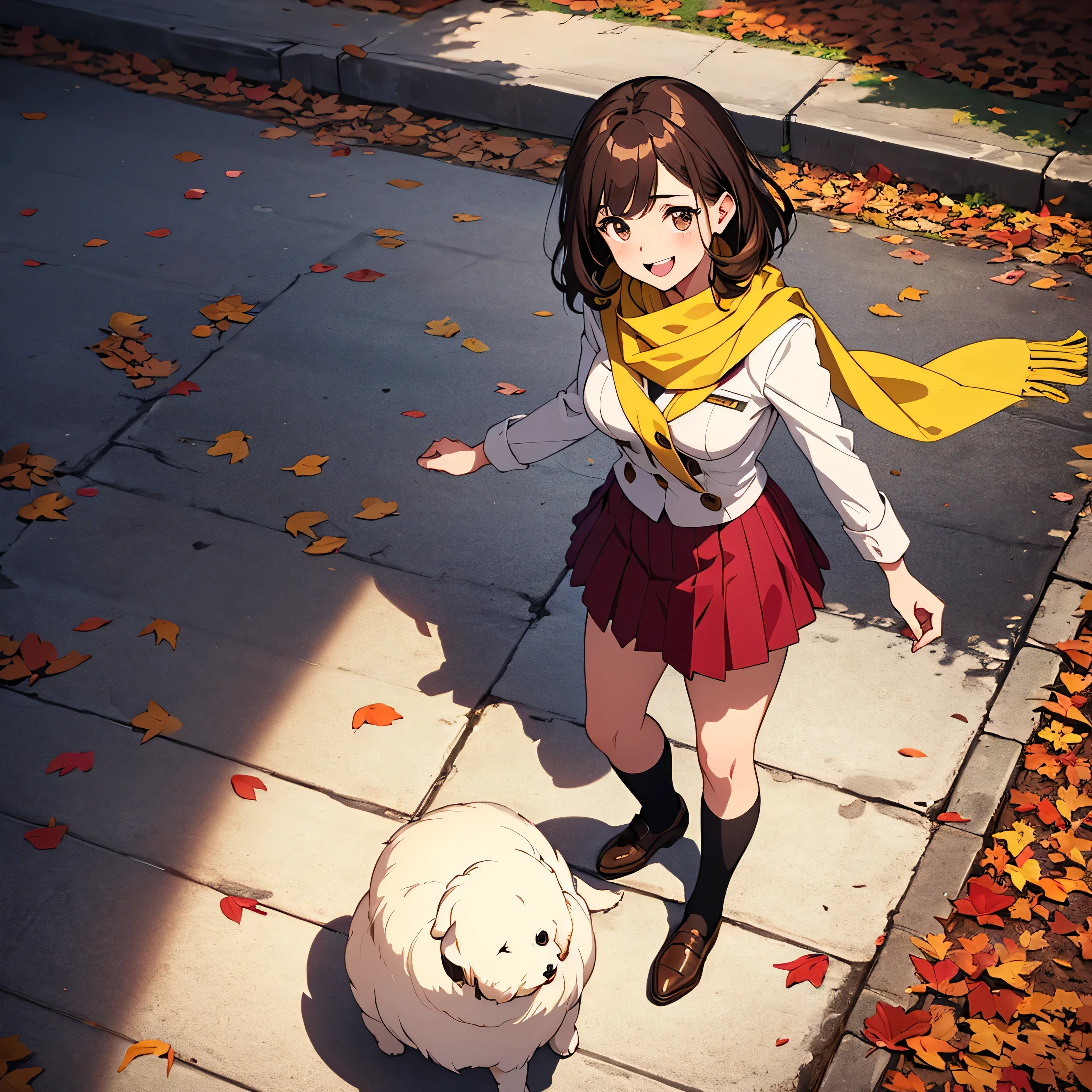 (Masterpiece Anime, One, Retro art style, Clean brush strokes, Very detailed, Perfect Anatomy, Browsing Caution), winter park background, Dead leaves are dancing, (cream_ami, One girl), １Girl, (Full Body Shot, Watching from above), Eyebrows visible through hair, bangs, Dark brown hair, brown eyes, Eyes are easily depressed (Sansakumaru:1.4), Half-open eyes (Beautiful and detailed:1.2), Looking at the audience, Open your mouth a little, smile, (Crouching), (On top of uniform),(Uniform skirt), (Wearing a yellow scarf), (Petting a puppy&#39;s head),