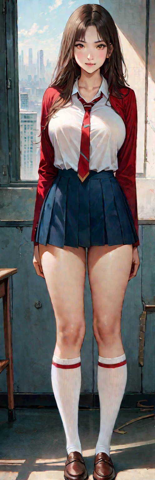 (masterpiece, highest quality:1.2), 1 girl, alone,Are standing_Split, ,(masterpiece, highest quality, Realistic, High resolution, photo shoot, :1.3), Mix 4, (16k, to be born写真, Best image quality, masterpiece: 1.45), (Realistic, Realistic: 1.37), Tall Girl, cute, Cityscape,, Professional Lighting, Photon Mapping, School classroom, Physically Based Rendering, Dark brown hair,, Beautifully groomed eyes、((double eyelid))、super cute girl, (((Long-haired girl sitting on a ledge with a city in the background, Beautiful school girl, Surrealist, cute女の子, Red blazer and short skirt, Long socks, Blushing with embarrassment and fear, Tsundere))), highest qualityの写真, High resolution, 1080p, (Beautiful Face), (Detailed facial depiction), (Detailed explanation of hand masterpiece), (Detailed CG)、Extreme light and shadow、Messy Hair、masterpiece、Rich details、(Detailed facial features)、(highest qualityの光アセター筋部分)、(Fine grain)、Look in front of you、Thin clavicle、((Thin and large))、(((日本の女子学to be bornはジャケットと長袖シャツを着ています)))、((A real idol))、((school gate、Schoolyard、With the school building in the background))、(Take photos from random perspectives)、(((cute like an idol)))、Earrings、Big smile、Drawing the whole body from the knees、Don'can'Drawing thin lines、(((日本の女子学to be bornが愛用するスポーツバッグ)))、(Big big breasts with big drooping:1.2)、Big and firm ass、upper arm、Two legs、(((from the front:0.7)))、bare hands、(((Symmetrical eyes)))、Standing pose、Please place your hands on the table、Please do not remove the tie from your jacket.、Lift your butt:1.5,to be born々Sex:1.5,