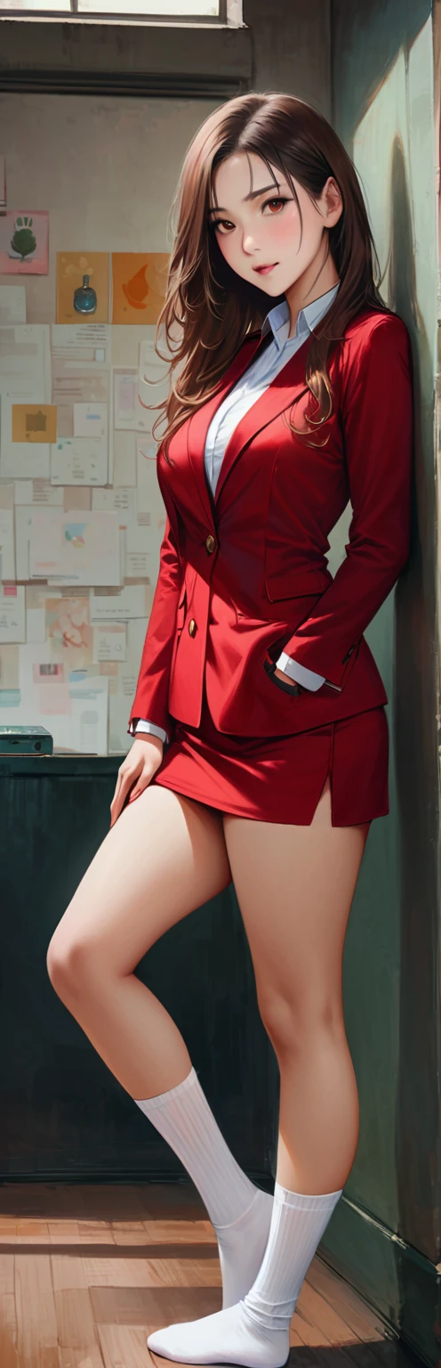 (masterpiece, highest quality:1.2), 1 girl, alone,Are standing_Split, ,(masterpiece, highest quality, Realistic, High resolution, photo shoot, :1.3), Mix 4, (16k, to be born写真, Best image quality, masterpiece: 1.45), (Realistic, Realistic: 1.37), Tall Girl, cute, Cityscape,, Professional Lighting, Photon Mapping, School classroom, Physically Based Rendering, Dark brown hair,, Beautifully groomed eyes、((double eyelid))、super cute girl, (((Long-haired girl sitting on a ledge with a city in the background, Beautiful school girl, Surrealist, cute女の子, Red blazer and short skirt, Long socks, Blushing with embarrassment and fear, Tsundere))), highest qualityの写真, High resolution, 1080p, (Beautiful Face), (Detailed facial depiction), (Detailed explanation of hand masterpiece), (Detailed CG)、Extreme light and shadow、Messy Hair、masterpiece、Rich details、(Detailed facial features)、(highest qualityの光アセター筋部分)、(Fine grain)、Look in front of you、Thin clavicle、((Thin and large))、(((日本の女子学to be bornはジャケットと長袖シャツを着ています)))、((A real idol))、((school gate、Schoolyard、With the school building in the background))、(Take photos from random perspectives)、(((cute like an idol)))、Earrings、Big smile、Drawing the whole body from the knees、Don&#39;can&#39;Drawing thin lines、(((日本の女子学to be bornが愛用するスポーツバッグ)))、(Big big breasts with big drooping:1.2)、Big and firm ass、upper arm、Two legs、(((from the front:0.7)))、bare hands、(((Symmetrical eyes)))、Standing pose、Please place your hands on the table、Please do not remove the tie from your jacket.、Lift your butt:1.5，to be born々Sex:1.5，