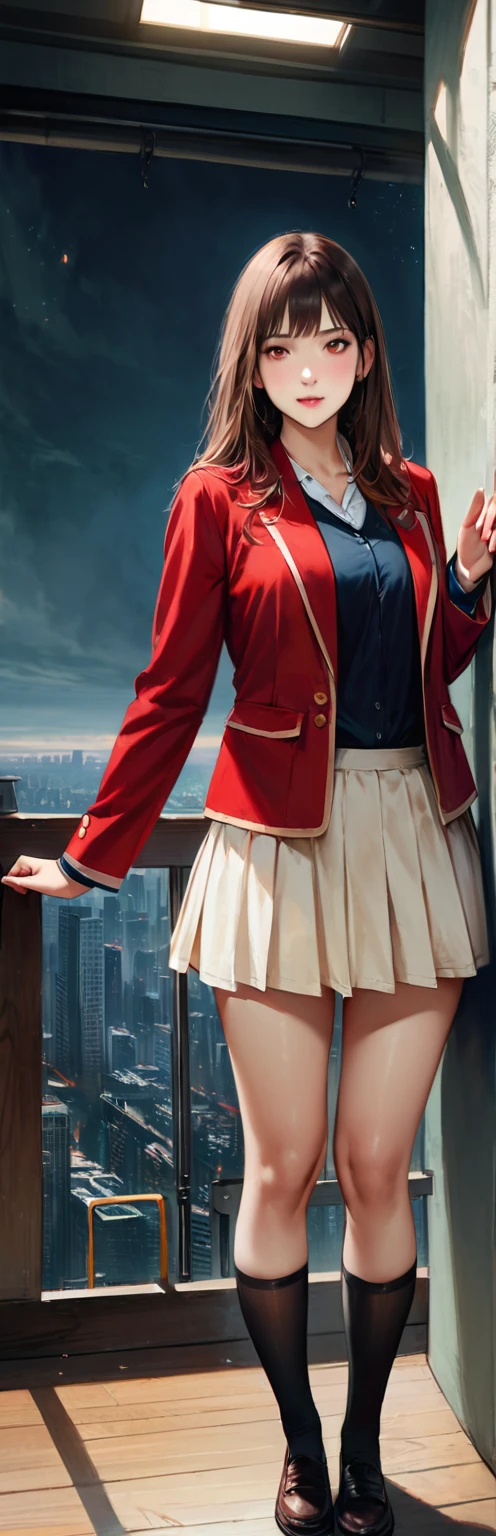 (masterpiece, highest quality:1.2), 1 girl, alone,Are standing_Split, ,(masterpiece, highest quality, Realistic, High resolution, photo shoot, :1.3), Mix 4, (16k, to be born写真, Best image quality, masterpiece: 1.45), (Realistic, Realistic: 1.37), Tall Girl, cute, Cityscape,, Professional Lighting, Photon Mapping, School classroom, Physically Based Rendering, Dark brown hair,, Beautifully groomed eyes、((double eyelid))、super cute girl, (((Long-haired girl sitting on a ledge with a city in the background, Beautiful school girl, Surrealist, cute女の子, Red blazer and short skirt, Long socks, Blushing with embarrassment and fear, Tsundere))), highest qualityの写真, High resolution, 1080p, (Beautiful Face), (Detailed facial depiction), (Detailed explanation of hand masterpiece), (Detailed CG)、Extreme light and shadow、Messy Hair、masterpiece、Rich details、(Detailed facial features)、(highest qualityの光アセター筋部分)、(Fine grain)、Look in front of you、Thin clavicle、((Thin and large))、(((日本の女子学to be bornはジャケットと長袖シャツを着ています)))、((A real idol))、((school gate、Schoolyard、With the school building in the background))、(Take photos from random perspectives)、(((cute like an idol)))、Earrings、Big smile、Drawing the whole body from the knees、Don'can'Drawing thin lines、(((日本の女子学to be bornが愛用するスポーツバッグ)))、(Big big breasts with big drooping:1.2)、Big and firm ass、upper arm、Two legs、(((from the front:0.7)))、bare hands、(((Symmetrical eyes)))、Standing pose、Please place your hands on the table、Please do not remove the tie from your jacket.、Lift your butt:1.5,to be born々Sex:1.5,