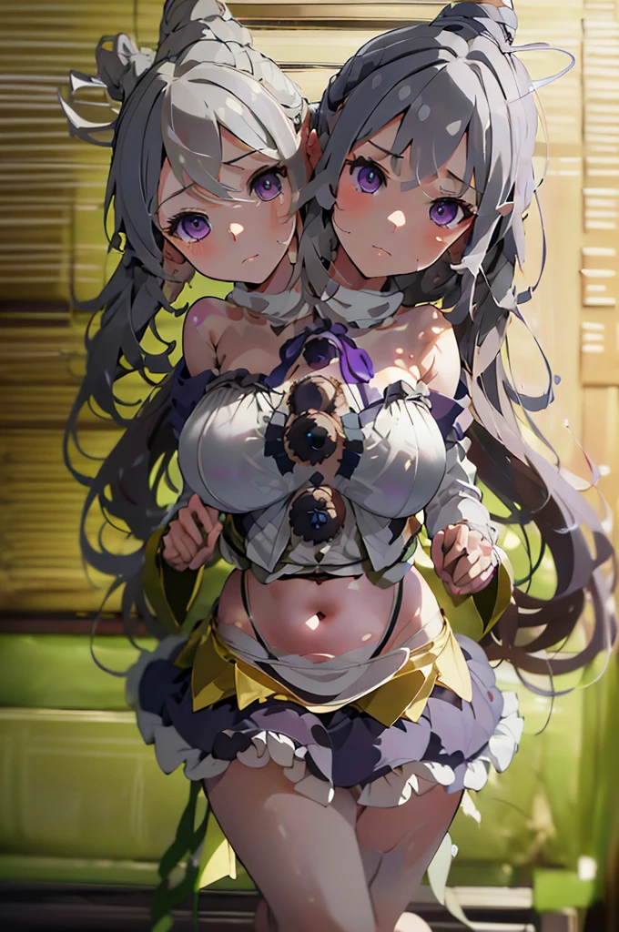 (masterpiece, best quality), best quality, best resolution, (ultra-detailed), (3heads:1.5), 1girl, (monobe no futo:1.3), masterpiece, best quality, ultra quality, ultra resolution, ultra detail, white top, crop top, ((stomach)), midriff, ((groin)), white-purple skirt, normal ears, shackles, grey hair, very long hair, wavy hair, sidelocks, grey eyes, detailed eyes, parted lips, single horn, sweat, cute, toned belly, hand on own chest, eyelashes, (24 year old woman:1.3), (masterpiece:1.5), (best quality:1.5), (beautiful detailed extremely detailed CG, extremely delicate and beautiful, depth of field, (finely detailed face), (perfect details:1.2), (mature female:1.3), wide pelvis, slender, large veiny breast, 16k resolution, highres, high quality, high definition, extremely detailed, masterpiece, best quality, grey hair, long hair, alluring presence, braid, short skirt, close up, big tits, young, japanese clothes, kariginu, ponytail,