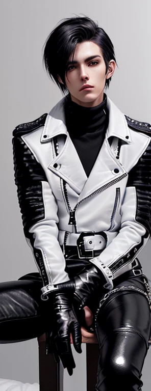 Final Fantasy-style graphics, young, Cute and cool Japanese boys, Thin eyebrows and big eyes, He is wearing a shiny white single-breasted leather jacket.......。Biker style leather jacket、 with epaulettes, The jacket is zipped up, The jacket pockets are black., The jacket has a high stand-up collar with a belt, Also wearing a black turtleneck, Black Leather Pants, Thin black leather gloves on both hands, Black leather knee-high lace-up boots, Show me your ((whole body)) from head to toe, Final Fantasy Style、((good looking))、((Age: 20 years old))、((good looking))、((Clear eyes and nose))、((Shiny white single leather jacket))、((The jacket must be white color.))、((The jacket has epaulettes))、((Jacket has a high stand-up collar and belt))、((The jacket has a black pocket))、((Black turtleneck shirt))、((Black Leather Pants))、((Always wear shiny black leather gloves on both hands))、((Cover all fingers on both hands with gloves))、((Black lace-up leather long boots))、((View full-body images from a distance))、Realistic image quality and texture、In a small cell、((close the eyes))、A kind smile、((The front of the jacket is closed with a zipper))、((No skin below the neck))、((round face)、((Short Hairstyleedium build))、((Upright posture))、((don't sit))、((he sleeping with bed))、