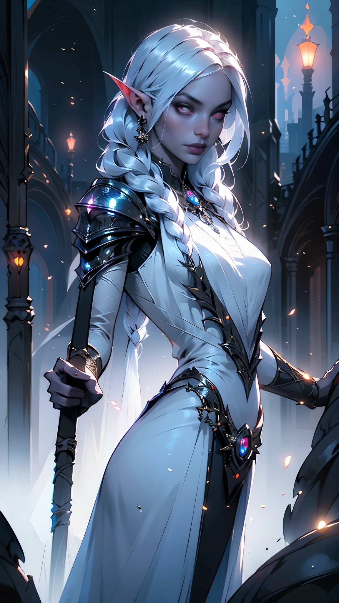1girl, sexy drow, elfa de peito grande morena skin, pale silver long elaborate braids, ((red eyes)), jewels, elf ears, earrings, ((white sorceress sexy dress)), ((wields staff)), ((cast light magic)), on a roof of scyscraper, athletic, volumetric lighting, best quality, masterpiece, realistic, anatomically correct, (strong cinematic lighting), stunning details, intricate details, 8k post-production, High resolution, super details, trending on ArtStation, sharp focus, depth of field f/1.8, studio photos, (((looking at camera))), ,(Fondo de ruinas de mazmorra en ruinas:1.4 ), (Detalles de la cara: 1.5) ,( ojos brillantes, hermoso rostro, ojos bonitos, Contorno del iris, labios delgados: 1.5) , Thin, sharp pale eyebrows, Long, dark eyelashes, double tabs),(Obra maestra: 1.4), (8K, realista, foto cruda, La mejor calidad: 1.4),(dedos perfectas: 1.4) , (rear view, backside view),solo, (no mutaciones)