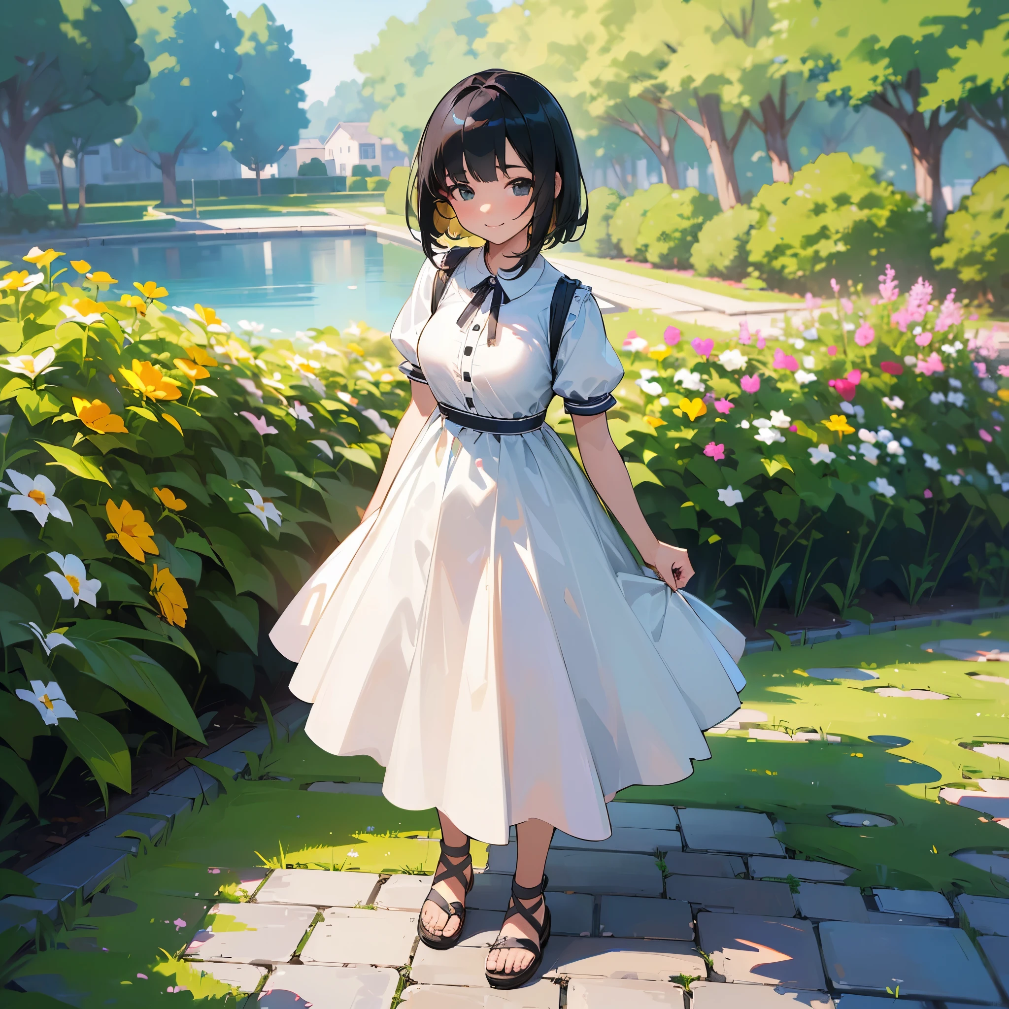 (high quality, High resolution, Very detailed, reality:1.37), Peaceful atmosphere, (Outdoor, garden), Teenage girl standing alone, (my breasts are big.), Beautiful details, Cute Smile, (Black bob hair), White short-sleeved dress, Sandals.
