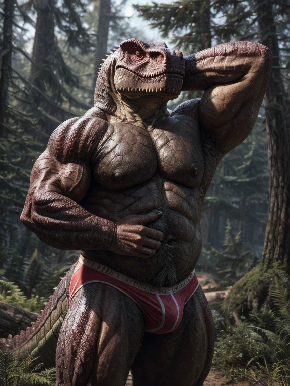 Tyrannosaurus，uncle，male，Mature men，Strong Man，No hair，Huge body，Scales，Red sexy briefs，Huge outline，Put your hands behind your back，In the woods（Detailed background:1.2),High Detail, Film Photography, RAW Video, Practical, Analog style, best quality, ultra Practical, 8k, (through fiddler tarant),