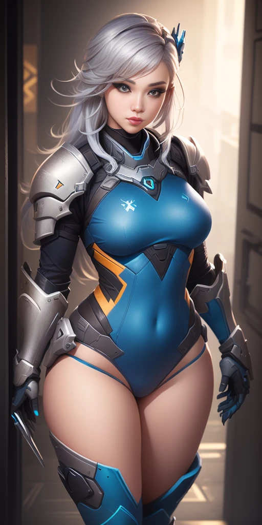 a woman in a blue outfit is posing for a picture, echo from overwatch, from overwatch, extremely detailed artgerm, thicc, cutesexyrobutts, pale blue armor, bikini armor female knight, armor girl, thick armor, skintight silver armor, style artgerm, covered in full silver armor, thick smooth warframe thighs