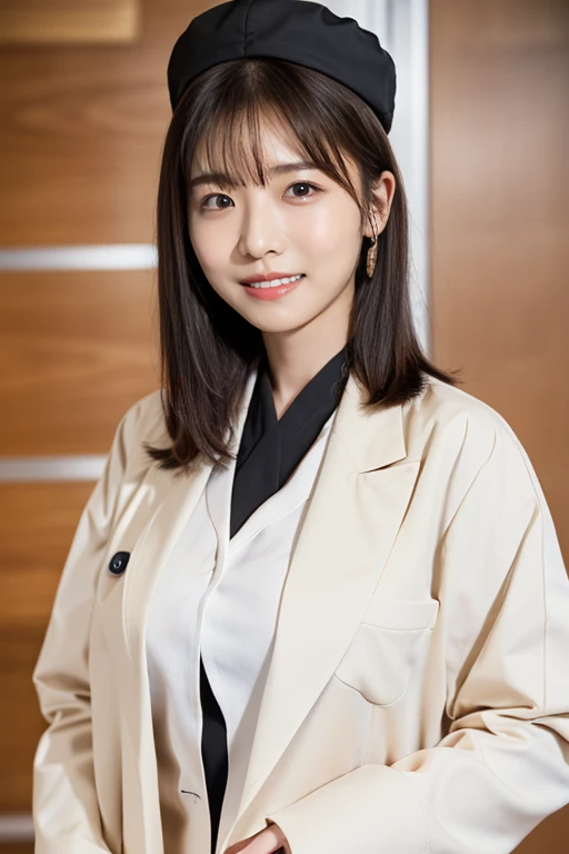 (highest quality, 4K, 8k, High resolution, Tabletop:1.2), Black Hair、Beaver、Her breasts are beautiful and large。you are a dentist。looking at my teeth。In the hospital。Doctor Hat。Long white coat。Neat and clean clothing。classy doctor。
