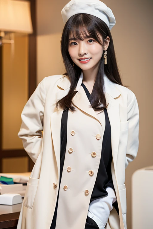 (highest quality, 4K, 8k, High resolution, Tabletop:1.2), Black Hair、Beaver、Her breasts are beautiful and large。you are a dentist。looking at my teeth。In the hospital。Doctor Hat。Long white coat。Neat and clean clothing。classy doctor。