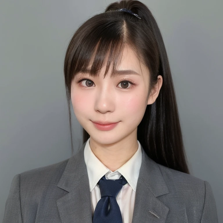 (kawaii 24 year-old Japanese girl, Nogizaka idol, Korean idol), (glossy black hair, high ponytail, bangs:1.3), (ponytail must be invisible:1.5), (deep black eyes, rounded face, single eyelid, no makeup, soft smiling:1.2), (wearing dark blue suit jacket,  collared shirt, necktie:1.3), (extra small breasts:0.9), (facing straight at camera:1.2), BREAK, (simple grey background, yearbook background:1.3), (id photo, bust shot, view from straight forward:1.3), BREAK, (masterpiece, best quality, photo realistic, official art:1.4), (UHD, 8K quality wallpaper, high resolution, raw photo, golden ratio:1.3), (shiny skin), professional lighting, physically based rendering, award winning, (highly detailed skin, extremely detailed face and eyes), Carl Zeiss 85 mm F/1.4, depth of field, 1girl, solo,
