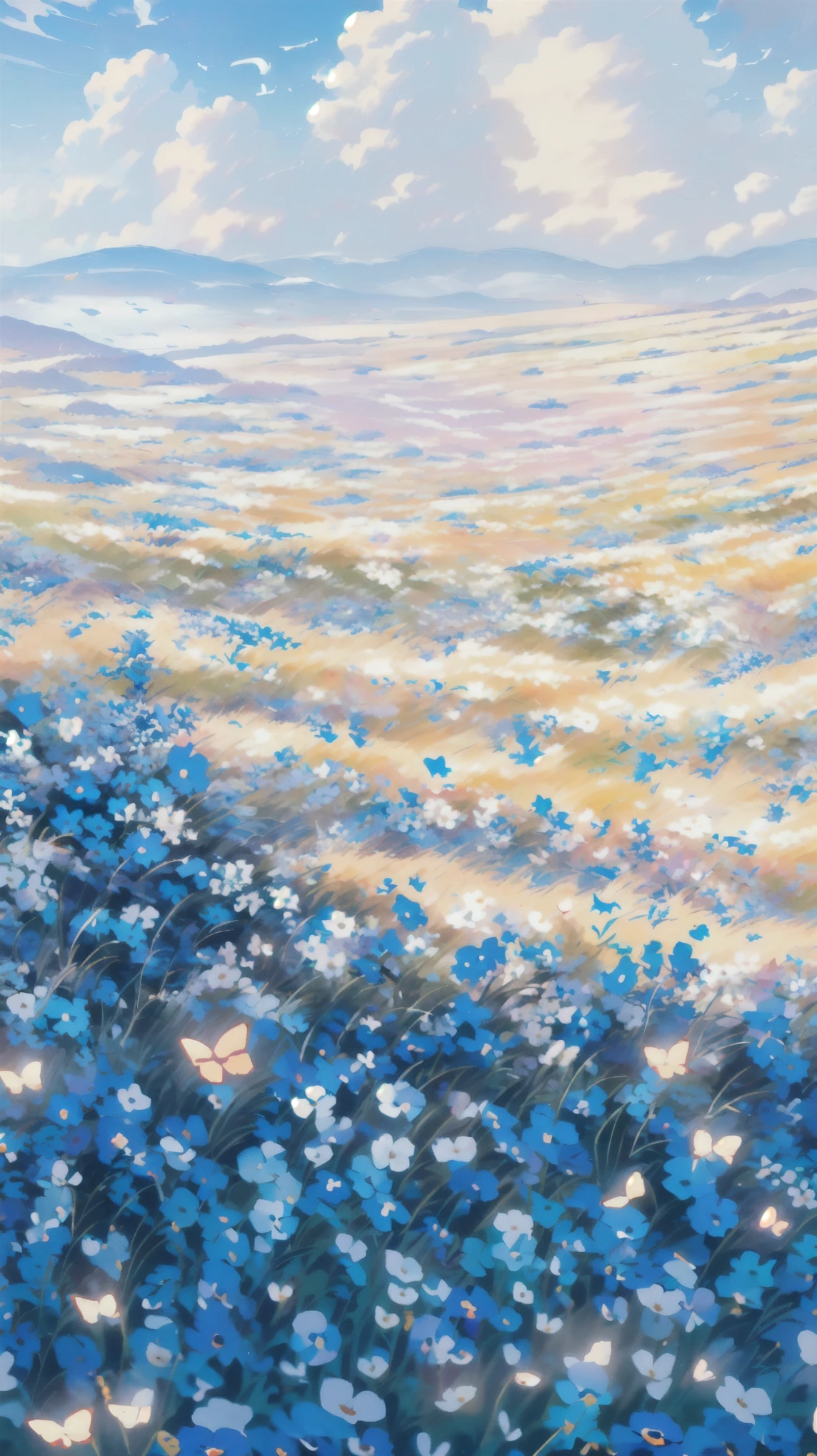 there is a painting of a Flower Field with a bird flying overhead, blue Flower Field, an aesthetic Flower Field, Flowers and butterflies, Surreal Waigi Flowers, Flower Field, Blue - petals, Flower Field, Flower Environment, Mythical Flower Hill, 幻想的なFlower Field, Flower Field, Butterflies in the foreground, in a Flower Field, !!beautiful!!