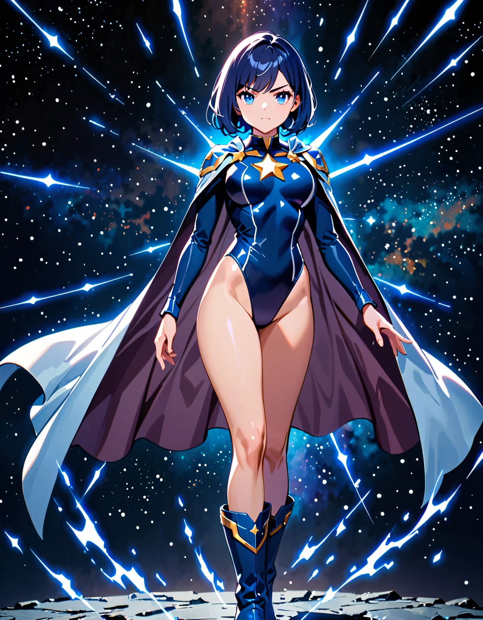 masterpiece, best quality, 1girl, superhero, ((leotard, dark blue leotard)), long sleeves, ((light blue shoulder-length cape)), bare legs, boots, dark blue boots, matching boots, medium breasts, diffraction spikes, light particles, aura, blue aura, standing, standing straight, space backdrop, dark blue hair, ((short hair, bob hair)), blue eyes, beautiful detailed eyes, beautiful detailed face, cute face, perfect hands, complete fingers, perfect anatomy, perfect proportions, heroic, ((star symbol on the chest)), serious, full body, cowboy shot