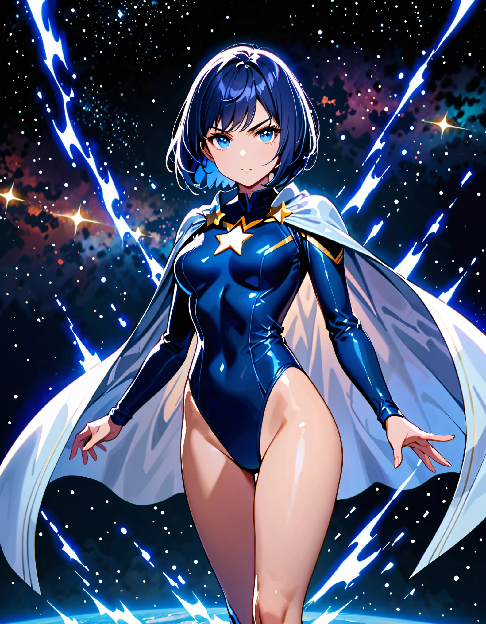 masterpiece, best quality, 1girl, superhero, ((leotard, dark blue leotard)), long sleeves, ((light blue shoulder-length cape)), bare legs, boots, dark blue boots, matching boots, medium breasts, diffraction spikes, light particles, aura, blue aura, standing, standing straight, space backdrop, dark blue hair, ((short hair, bob hair)), blue eyes, beautiful detailed eyes, beautiful detailed face, cute face, perfect hands, complete fingers, perfect anatomy, perfect proportions, heroic, ((star symbol on the chest)), serious, full body, cowboy shot